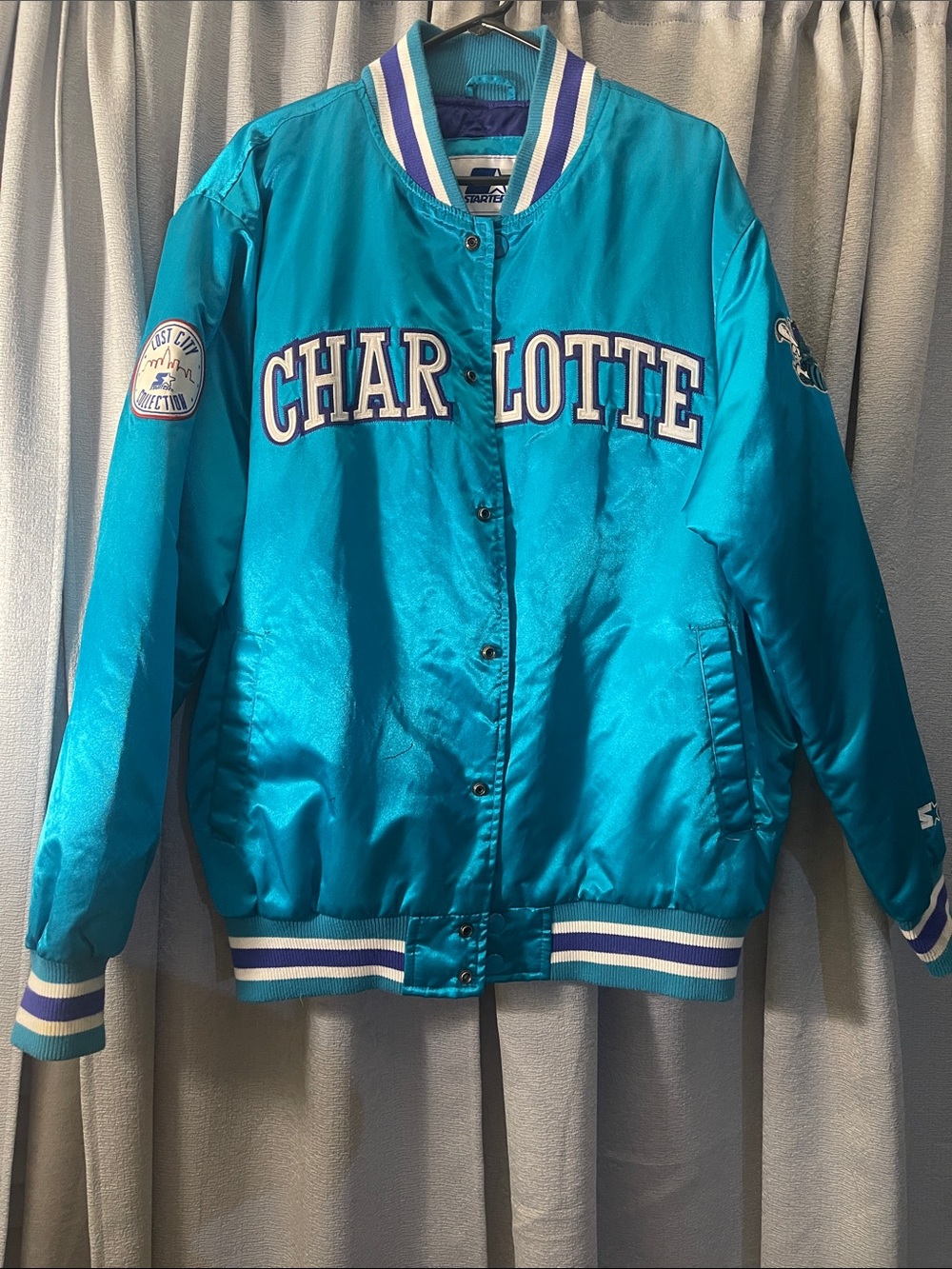 STARTER Vintage Charlotte Hornets Teal Satin Bomber Jacket with Stripe Trim